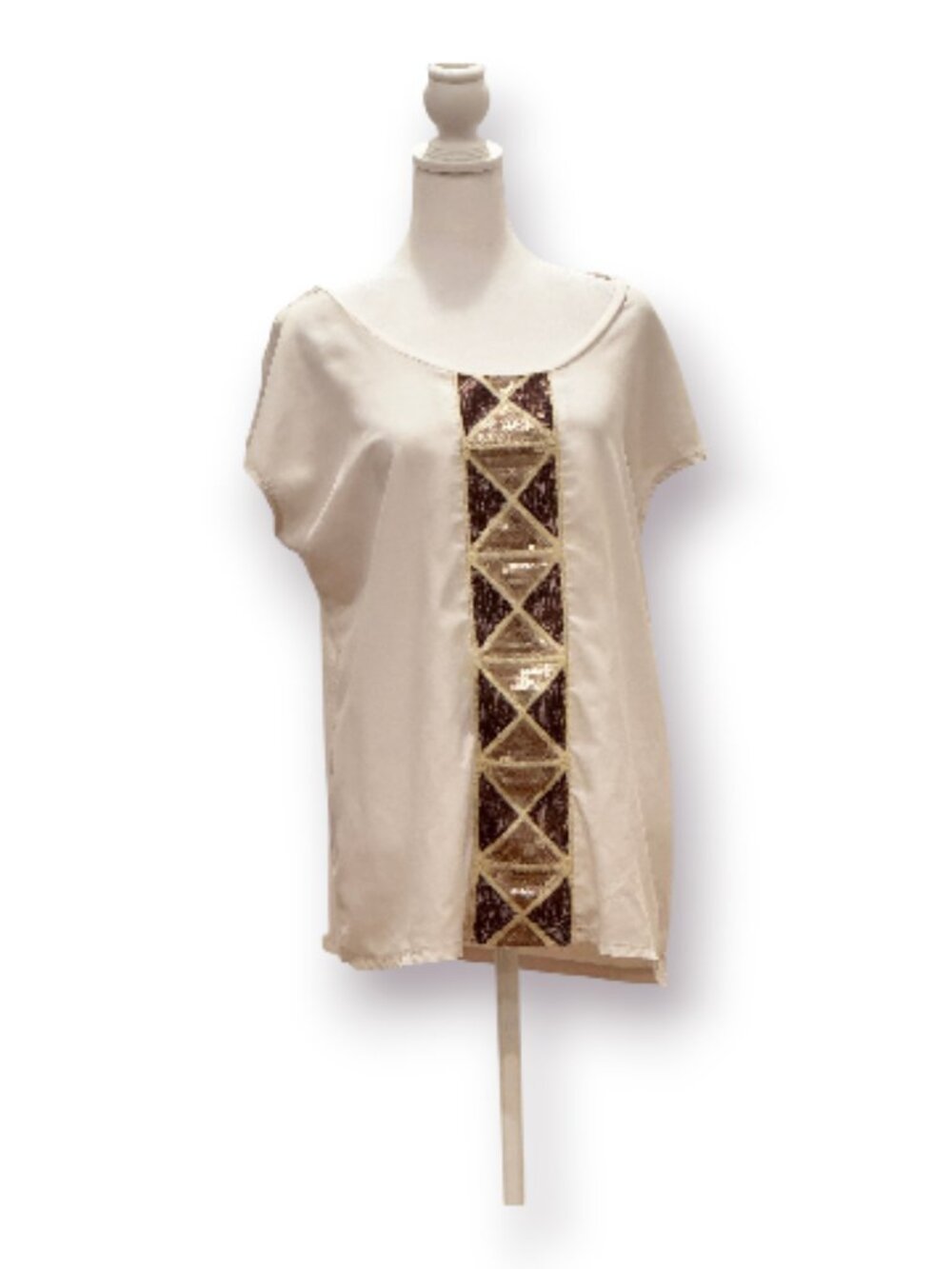 Worthington Cream Sequin Geometric Panel Short Sleeve Blouse XL EUC